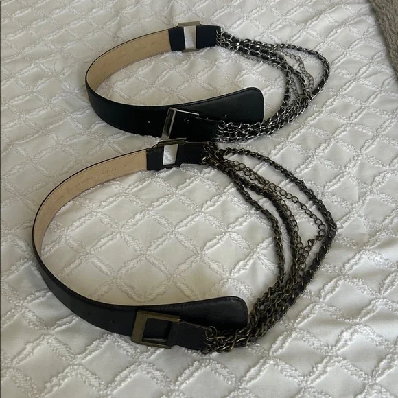 Black Leather Belt with Chain Detail - Picture 1 of 8